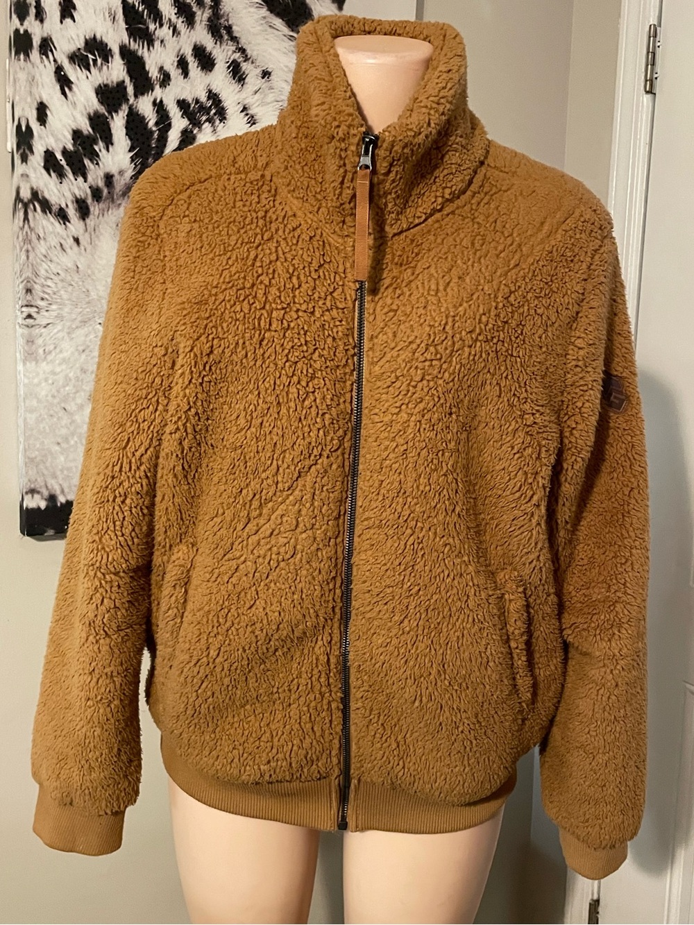 Free Country Camel Colored Plush Sherpa Zip-Up Jacket Ribbed Hem soft pullover L